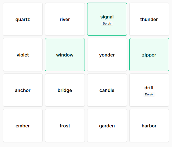 OdeGames board showing a grid of word cards during a guessing round